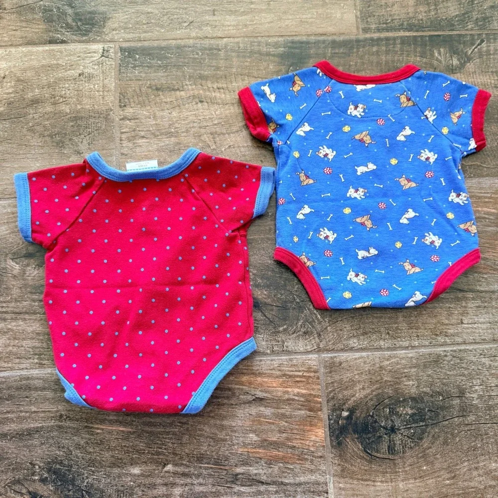 Mary Engelbreit Baby VTG Dog Puppy Polka Dot Snap Front Bodysuits,Blue Red, 0-3M